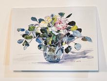 Load image into Gallery viewer, Greeting card with a watercolor illustration of roses and eucalyptus in a glass vase on a white background.