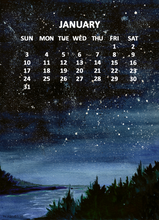 Load image into Gallery viewer, A January calendar page featuring a starry night sky and coastal landscape watercolor. The calendar header reads JANUARY with days of the week from SUN to SAT and dates 1 through 31.