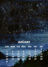 Load image into Gallery viewer, A January calendar page featuring a starry night sky and dark tree line background, with white text showing the days of the week and dates for the first through thirty-first of the month.