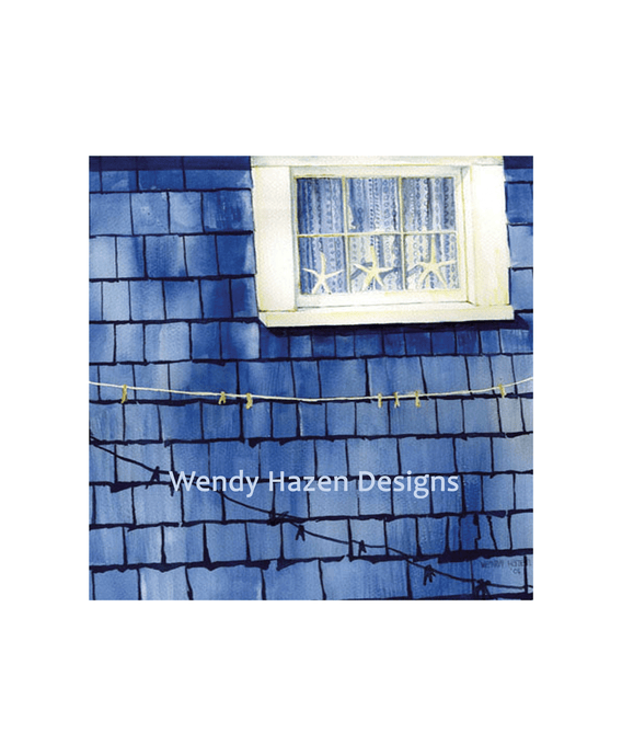 A giclee print of a window on a blue shingle roof with a 'Wendy Hazen Designs' watermark.