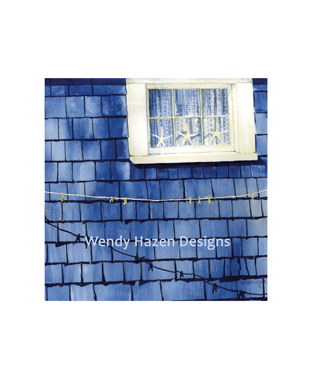 A giclee print of a window on a blue shingle roof with a 'Wendy Hazen Designs' watermark.