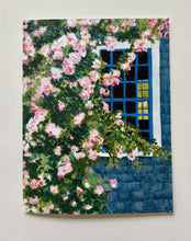 Load image into Gallery viewer, Painting of pink roses climbing up a weathered shingled wall and a blue window looking out to the clothesline out back.  