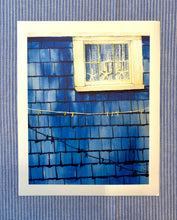 Load image into Gallery viewer, Artistic depiction of a Fisherman&#39;s cottage blue weathered wall with a white window with a lace curtain and 3 starfishes&#39; 