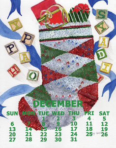 Calendar with a Christmas stocking design and colorful letters spelling 'Happy Holidays', featuring a red, green and blue color scheme.