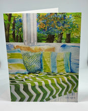 Load image into Gallery viewer, A hand cut greeting card with a blue floral hanging plant, featuring a summer bed on the porch and trees in the backgrounds.