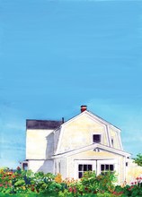 Load image into Gallery viewer, A giclee print featuring a watercolor painting of a house with a garden, a clear blue sky and a view of the Atlantic ocean in the background.