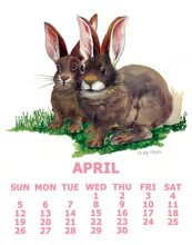 Load image into Gallery viewer, Calendar for April with two rabbits on a patch of grass and a white background