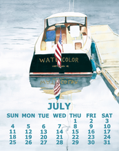 Load image into Gallery viewer, A watercolor-style July calendar page showing a Hinckley picnic boat tied to a dock in Camden Harbor, with the word JULY and a days-of-the-week grid in teal at the bottom.