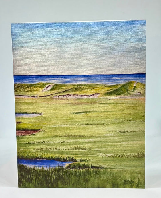 Wellfleet Dunes looking out to Cape Cod Bay.  There is a sandy path leading to Great Island which use to be a village until it was finally completely covered by changing currents and rising tides in the 1930s.  This view is observed standing on a scrub pine bluff looking out towards the Bay.