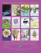 Load image into Gallery viewer, Wendy Hazen Portfolio Calendar 27th Edition featuring a grid of 12 separate 11x14 inch posters with colorful artistic illustrations of different scenes and portraits, set against a solid purple background with green and white text.