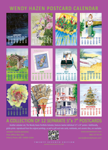 Load image into Gallery viewer, Wendy Hazen Postcard and/or Desktop Calendar 27th Edition, featuring a grid of twelve separate postcard designs with colorful illustrations of flowers, landscapes, and scenes, set against a purple background.