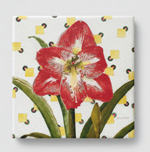 Load image into Gallery viewer, A reddish orange amaryllis flower with green leaves and a bud painted in watercolor against a white background with small yellow blocks with a dark blue circle attached to one corner of the yellow blocks with a dot of red in the center of each circle.
