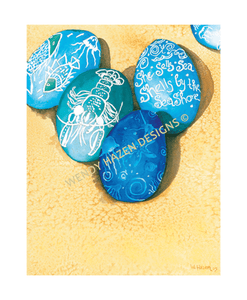 Easter eggs on the beach for the annual Easter Egg Hunt.  And so decorative in great colorful blues with different motifs on each egg