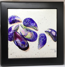 Load image into Gallery viewer, A ceramic tile with scattered blue green mussel shells with a black wooden frame for hanging or to place on surfaces.