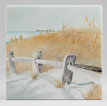 Load image into Gallery viewer, This is the end of Crosby Lane in Brewster on Cape Cod.  It is a ceramic tile with the weathered split rail fence guiding you out to the beach with beach grass all guiding you towards the water and the horizon of blue sky.