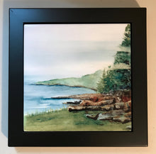Load image into Gallery viewer, A ceramic tile of the foggy coast of Maine placed in black wooden frame
