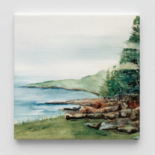 Load image into Gallery viewer, A ceramic tile with a foggy coast of Maine with pine trees, water and rocks