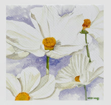 Load image into Gallery viewer, White Cosmos' on a bluish background with green shadowed stems adn golden centers.