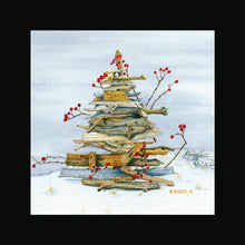 Load image into Gallery viewer, Different pieces of driftwood stacked to represent a 'Christmas Tree' with red berries on branches as ornaments.  With a black wooden frame around it.