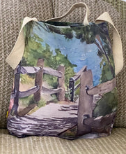 Load image into Gallery viewer, The path to the beach on a canvas bag which is 16“ x 16“ x 2 1/2“ with a black Strap.  Perfect for picnic or carrying the toys to the beach.