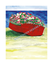 Load image into Gallery viewer, Northport, Maine dory filled with flowers and a string of lights around the gunnels