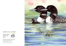 Load image into Gallery viewer, A hand-cut greeting card featuring an illustration of a family of loons with a chick on a lake. The card is titled 'Family of Loons - Lake Life'.