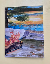 Load image into Gallery viewer, A watercolor painting of a fire pit with a lake and trees in the background, depicting a serene outdoor scene.