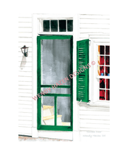 Load image into Gallery viewer, This green screen door is located in Canterbury, New Hampshire.  I love the staircase that is kissed by the sun through the haze of the screening and the red curtain in the window.