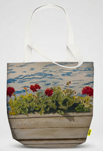 Load image into Gallery viewer, This painting was inspired by a dock on Lake Winnipesaukee with these geraniums planted in a wooden planter at the very end of the dock.  What a wonderful view coming or going from boating or swimming. 