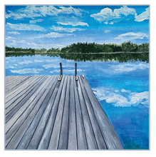 Load image into Gallery viewer, A ceramic tile of an early July morning on Norton's Pond with the  puffy clouds reflected like glass in the water.