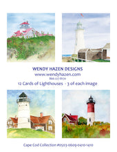 Load image into Gallery viewer, A set of hand cut greeting cards featuring images of Cape Cod lighthouses, with four different designs, each depicted in a artistic watercolor style on white cards.