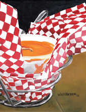 Load image into Gallery viewer, A watercolor illustration of a hand-cut greeting card depicting a lobster bisque soup in a bowl, with a red and white checkered napkin in the background.