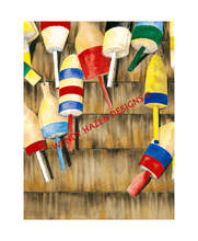 Load image into Gallery viewer, Colorful Lobster buoys hanging on the weathered wall of a fisherman's working boathouse.