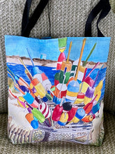 Load image into Gallery viewer, A canvas bag with Lobster Pots at the entrance to MacMillan Wharf.  The design wraps around the complete bag.canvas 