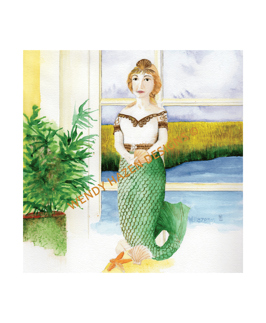 Mermaid in front of a window with the Marshes in the background with a waterway heading out to sea.  a Scallop Shell and a Starfish are at her base.  Has a feel of the whaling days of old.  I can see a sailor carving this.  Plus she has a Scallop shell in her hand and one as a coronet upon her head.