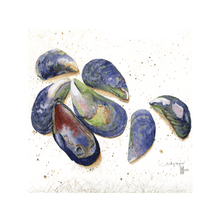 Load image into Gallery viewer, A ceramic tile featuring a watercolor painting of mussel shells scattered on a beach speckled background.
