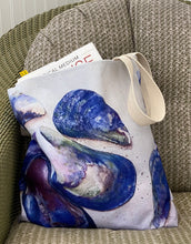 Load image into Gallery viewer, The Mussel Shell design wraps around the entire canvas bag which is 16"X 16"X 2.5" and has 2 black straps for easy carrying or over the shoulder