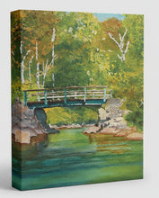Load image into Gallery viewer, A hand-cut greeting card featuring a watercolor painting of Norton Pond Bridge with trees and water in the background.