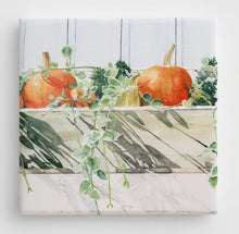 Load image into Gallery viewer, Shutters closed behind the Nantucket gray window box with the wonderful orange pumpkins, yellow squash, ivy, and other greenery reflected with shadows.