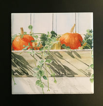 Load image into Gallery viewer, Shutters closed behind the Nantucket gray window box with the wonderful orange pumpkins, yellow squash, ivy, and other greenery reflected with shadows.  In addition, surrounded by a black wooden frame
