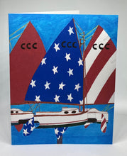Load image into Gallery viewer, A hand-cut greeting card featuring a watercolor illustration of a catboat with a red, white, and blue design and stars on the sails, resembling the American flag.