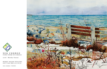 Load image into Gallery viewer, A greeting card featuring a hand-cut, watercolor illustration of a coastal scene with a bench, sea and sky.