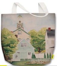 Load image into Gallery viewer, A canvas bag with a colorful painting of the 'South End' which is located in Portsmouth, NH., on both sides.