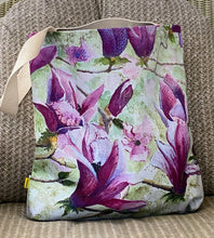 Load image into Gallery viewer, The Tulip Tree design wraps around the entire canvas bag which is 16"X 16"X 2.5" and has 2 black straps for easy carrying or over the shoulder