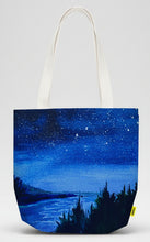 Load image into Gallery viewer, A canvas bag with a very starry night.  Inspired by an evening boat ride off the coast of Maine.  The same design on both sides.