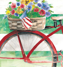 Load image into Gallery viewer, The Red Summer Bike with pansies and the American Flag behind the seat notepad with 100 blank pages