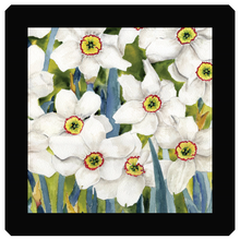 Load image into Gallery viewer, Jonquils look like a daffodil except these are white petals with yellow, green &amp; red centers surrounded by greenery of the leaves.  With Wooden black frame