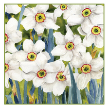 Load image into Gallery viewer, Jonquils look like a daffodil except these are white petals with yellow, green &amp; red centers surrounded by greenery of the leaves.  No frame