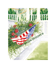 Load image into Gallery viewer, A Martha&#39;s Vineyard porch with a hammock, flower box and the American flag - Happy 4th of July!