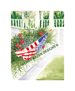 A Martha's Vineyard porch with a hammock, flower box and the American flag - Happy 4th of July!
